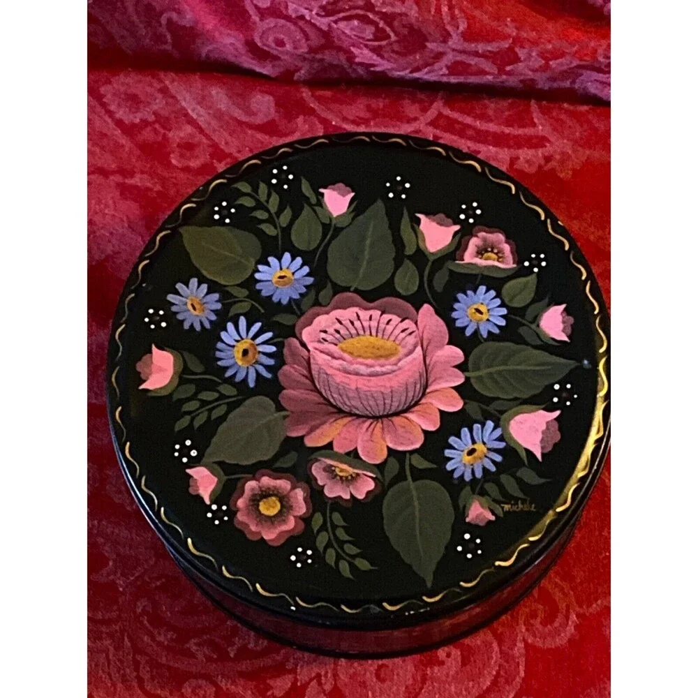 Vintage black tole painted tin Cookie Tin